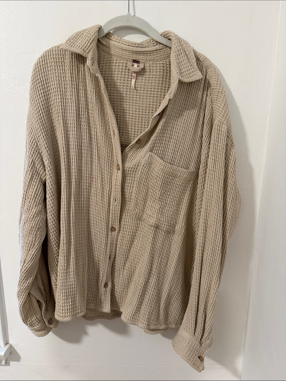 Free People Beige Waffle-Knit Button-Up Shirt
